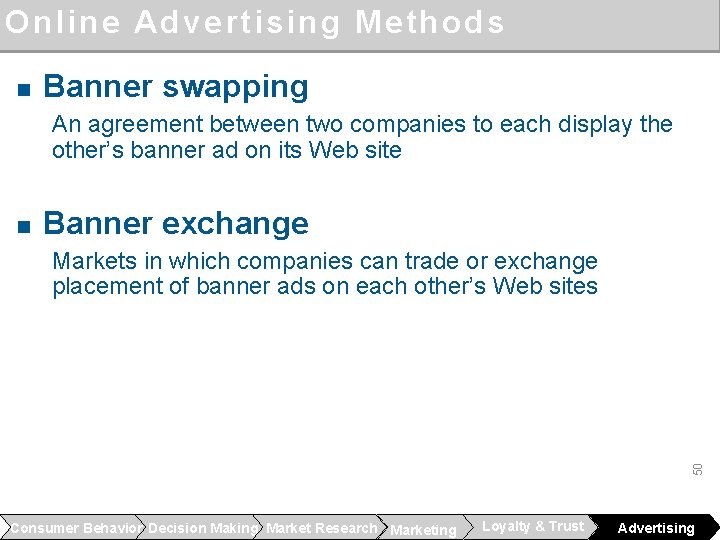 Online Advertising Methods n Banner swapping An agreement between two companies to each display