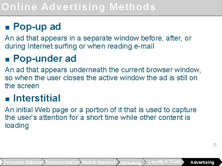 Online Advertising Methods n Pop-up ad An ad that appears in a separate window