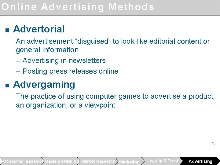 Online Advertising Methods n Advertorial An advertisement “disguised” to look like editorial content or