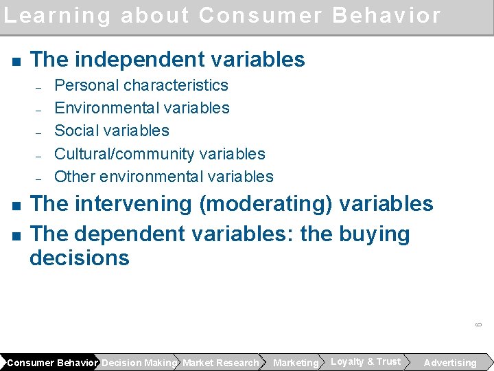 Learning about Consumer Behavior n The independent variables ‒ ‒ ‒ n The intervening