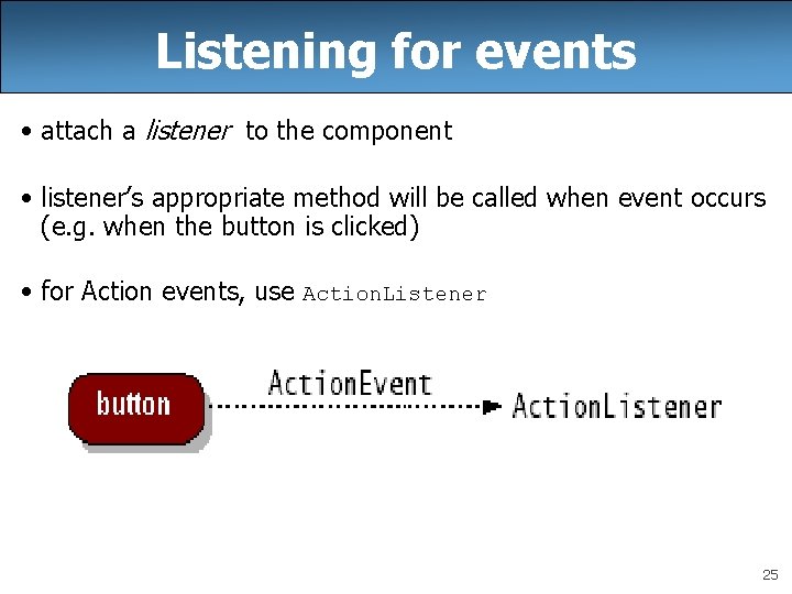 Listening for events • attach a listener to the component • listener’s appropriate method Listening for events • attach a listener to the component • listener’s appropriate method