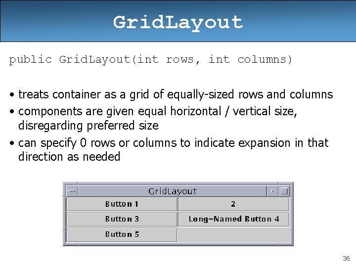 Grid. Layout public Grid. Layout(int rows, int columns) • treats container as a grid Grid. Layout public Grid. Layout(int rows, int columns) • treats container as a grid