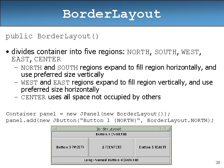 Border. Layout public Border. Layout() • divides container into five regions: NORTH, SOUTH, WEST, Border. Layout public Border. Layout() • divides container into five regions: NORTH, SOUTH, WEST,