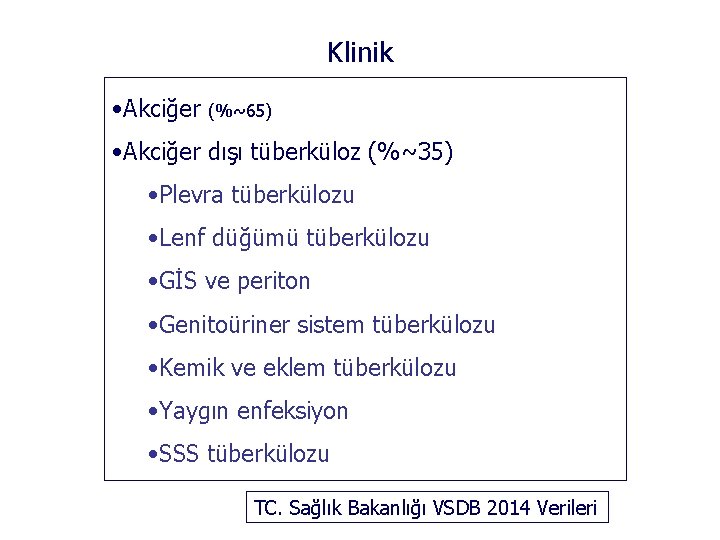 Klinik • Akciğer (%~65) • Akciğer dışı tüberküloz (%~35) • Plevra tüberkülozu • Lenf