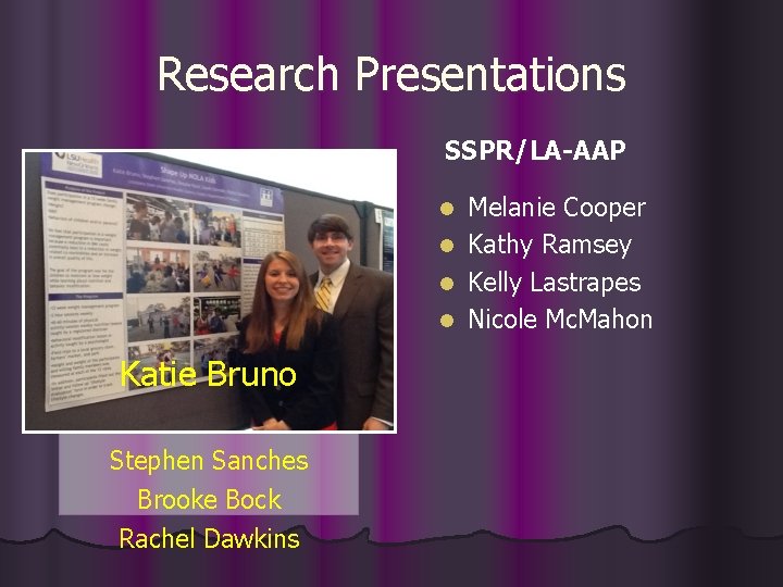 Research Presentations SSPR/LA-AAP l l Katie Bruno Stephen Sanches Brooke Bock Rachel Dawkins Melanie