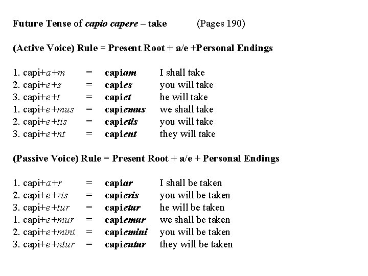 Future Tense of capio capere – take (Pages 190) (Active Voice) Rule = Present