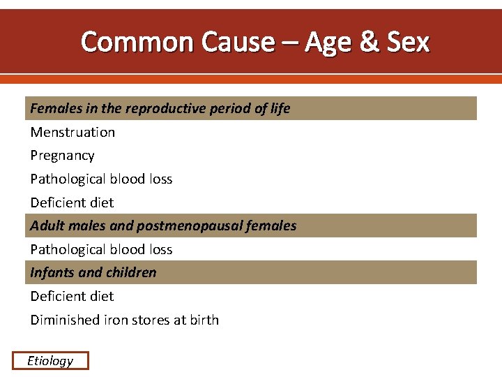 Common Cause – Age & Sex Females in the reproductive period of life Menstruation