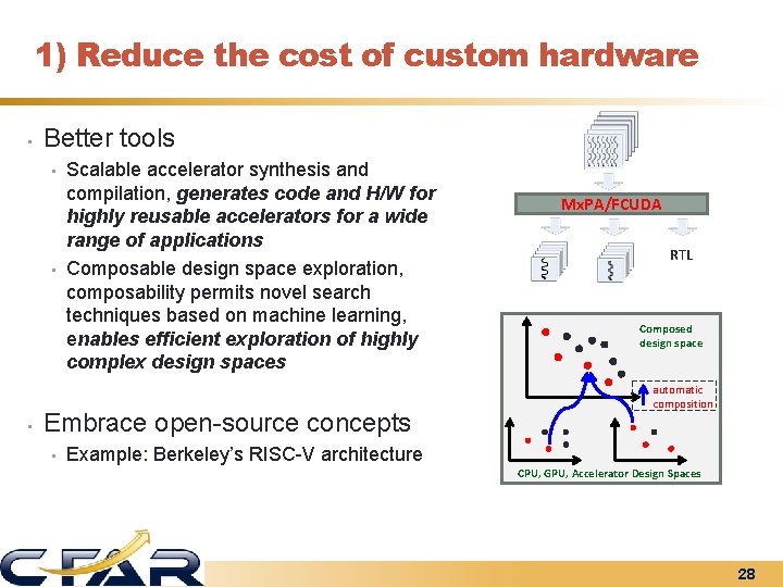 1) Reduce the cost of custom hardware • Better tools • • • Scalable