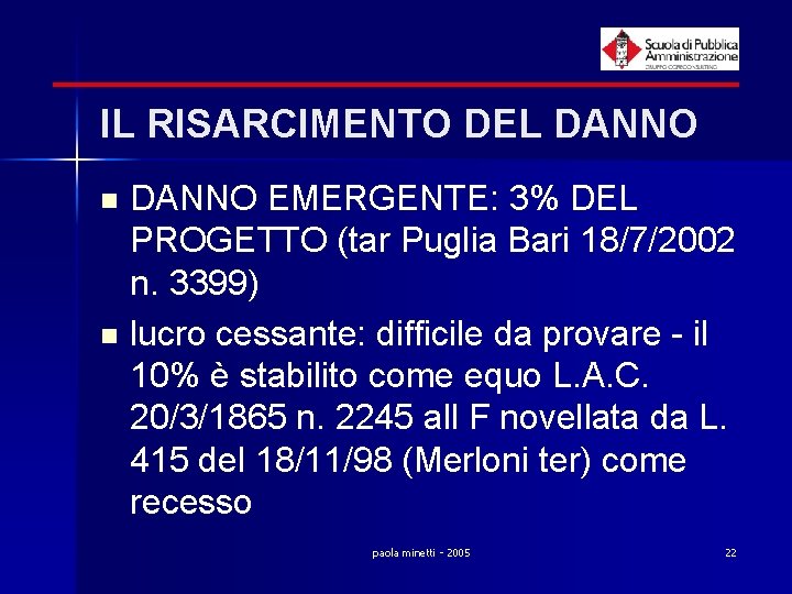 IL RISARCIMENTO DEL DANNO EMERGENTE: 3% DEL PROGETTO (tar Puglia Bari 18/7/2002 n. 3399)