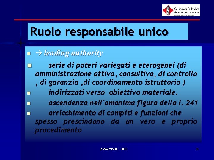 Ruolo responsabile unico n n n leading authority serie di poteri variegati e eterogenei