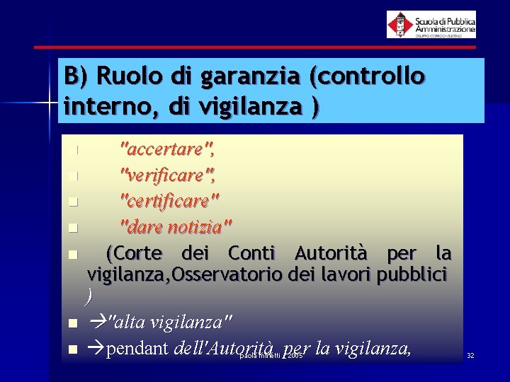 B) Ruolo di garanzia (controllo interno, di vigilanza ) n n n n "accertare",