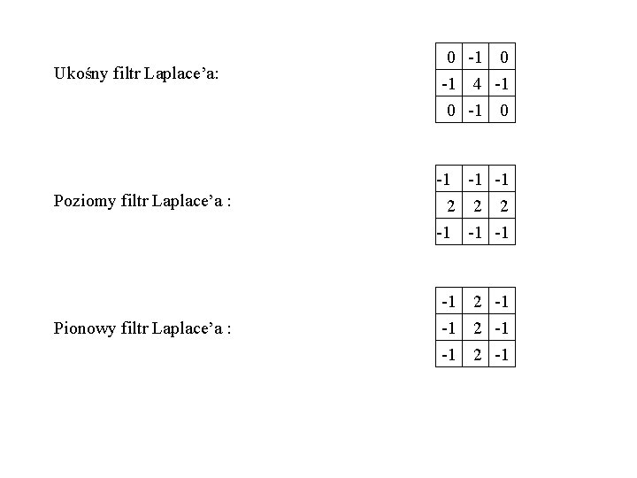 Ukośny filtr Laplace’a: 0 -1 4 -1 0 Poziomy filtr Laplace’a : -1 -1