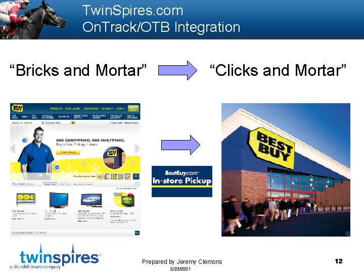 Twin. Spires. com On. Track/OTB Integration “Bricks and Mortar” “Clicks and Mortar” Prepared by