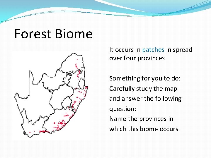 Forest Biome It occurs in patches in spread over four provinces. Something for you