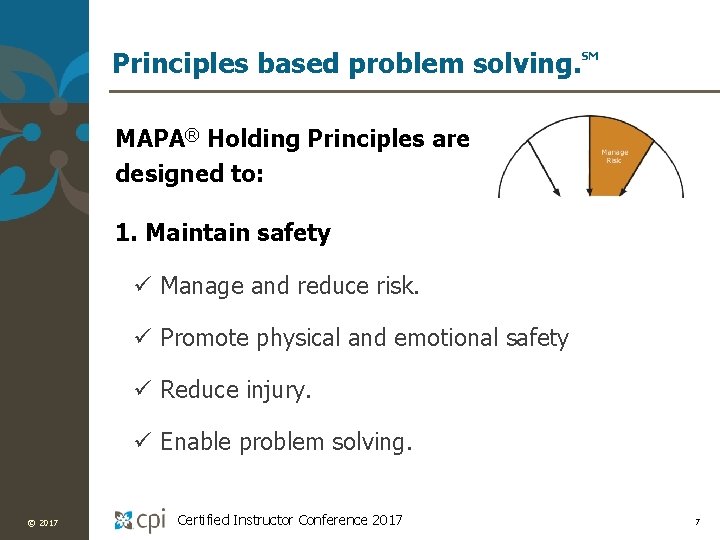 Principles based problem solving. SM MAPA® Holding Principles are designed to: 1. Maintain safety