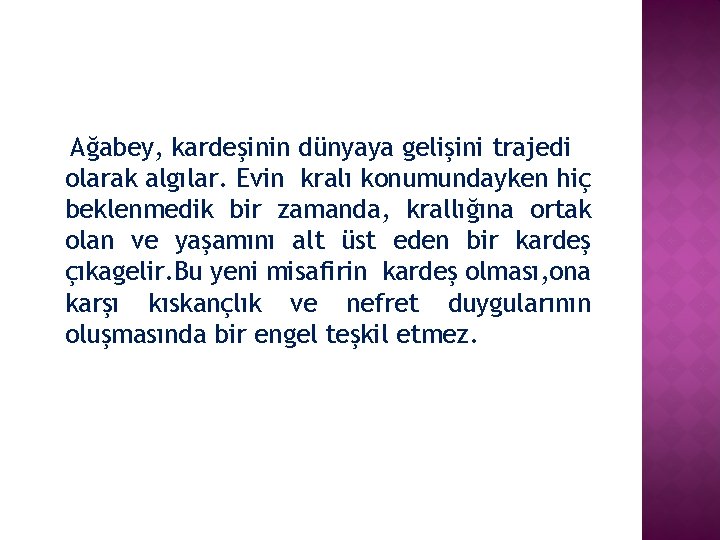 Ağabey, kardeşinin dünyaya gelişini trajedi olarak algılar. Evin kralı konumundayken hiç beklenmedik bir zamanda,