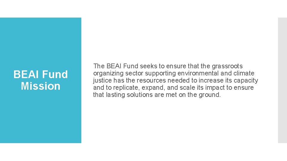 BEAI Fund Mission The BEAI Fund seeks to ensure that the grassroots organizing sector