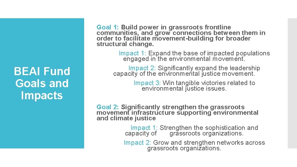 BEAI Fund Goals and Impacts Goal 1: Build power in grassroots frontline communities, and