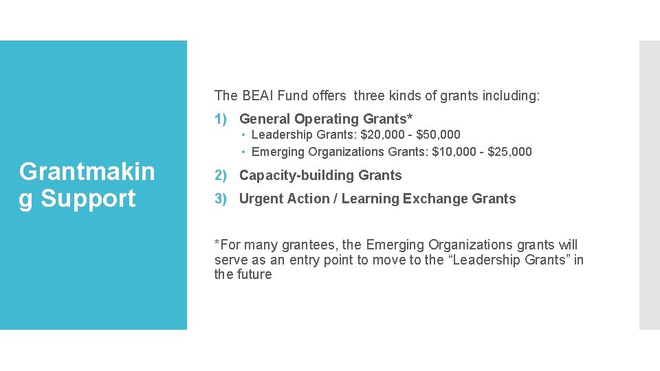The BEAI Fund offers three kinds of grants including: 1) General Operating Grants* Grantmakin