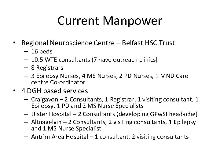 Current Manpower • Regional Neuroscience Centre – Belfast HSC Trust – – 16 beds Current Manpower • Regional Neuroscience Centre – Belfast HSC Trust – – 16 beds