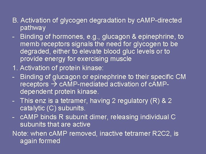 B. Activation of glycogen degradation by c. AMP-directed pathway - Binding of hormones, e.