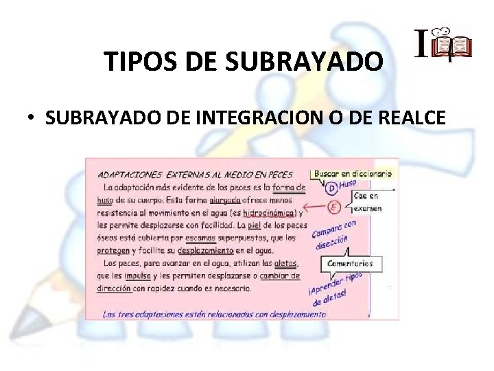TIPOS DE SUBRAYADO • SUBRAYADO DE INTEGRACION O DE REALCE 