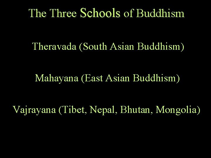 The Three Schools of Buddhism Theravada (South Asian Buddhism) Mahayana (East Asian Buddhism) Vajrayana