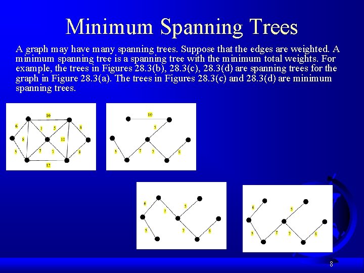 Minimum Spanning Trees A graph may have many spanning trees. Suppose that the edges Minimum Spanning Trees A graph may have many spanning trees. Suppose that the edges