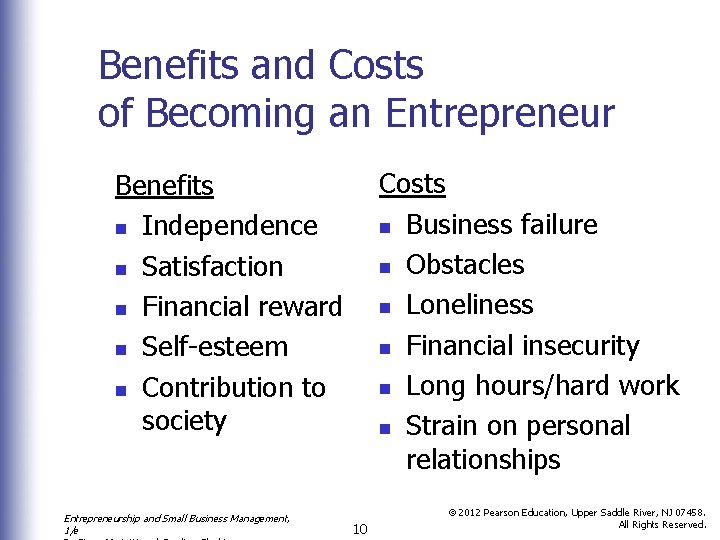 Benefits and Costs of Becoming an Entrepreneur Costs n Business failure n Obstacles n