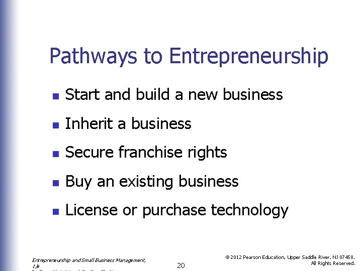 Pathways to Entrepreneurship n Start and build a new business n Inherit a business