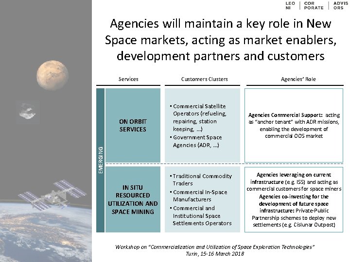 Agencies will maintain a key role in New Space markets, acting as market enablers,