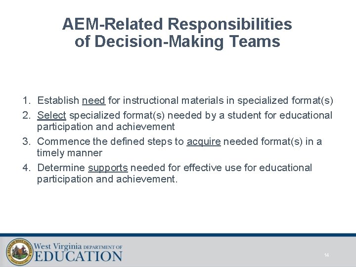 AEM-Related Responsibilities of Decision-Making Teams 1. Establish need for instructional materials in specialized format(s)