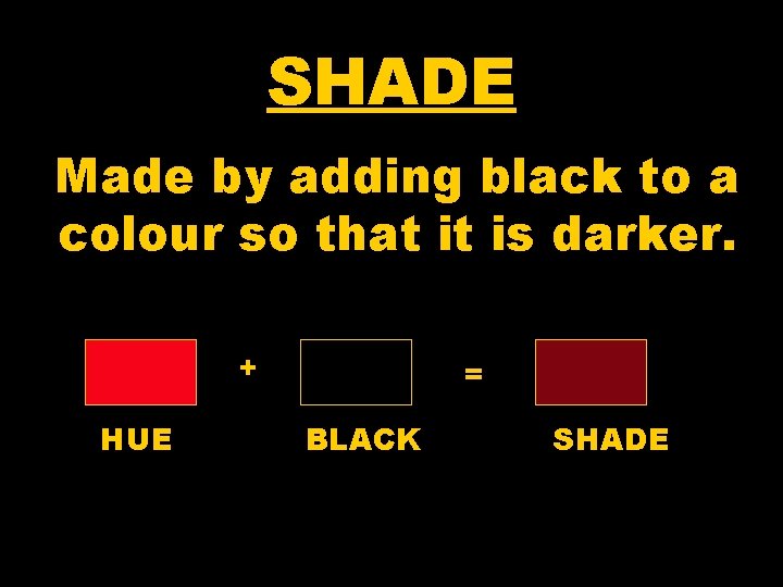 SHADE Made by adding black to a colour so that it is darker. +