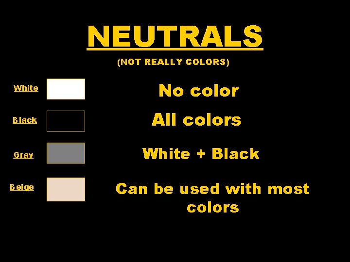 NEUTRALS (NOT REALLY COLORS) White No color Black All colors Gray Beige White +