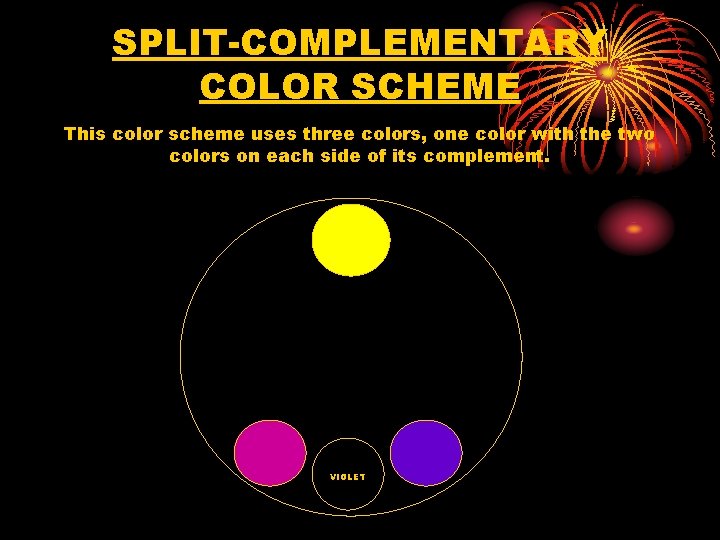 SPLIT-COMPLEMENTARY COLOR SCHEME This color scheme uses three colors, one color with the two