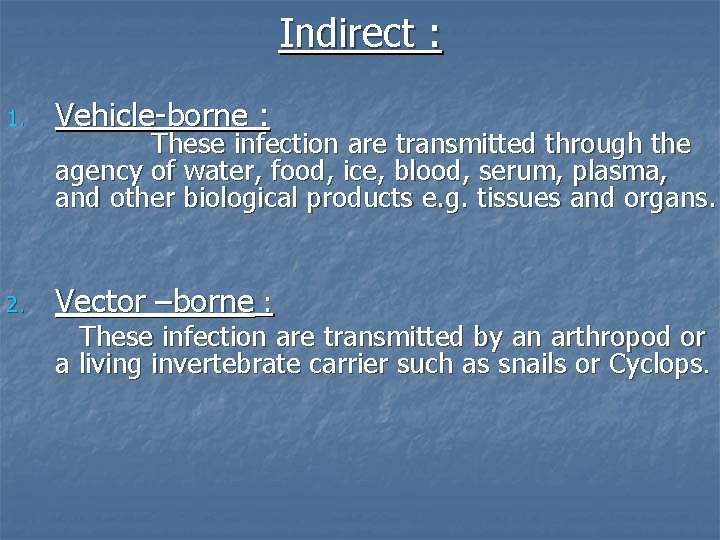 Indirect : 1. Vehicle-borne : 2. Vector –borne : These infection are transmitted through