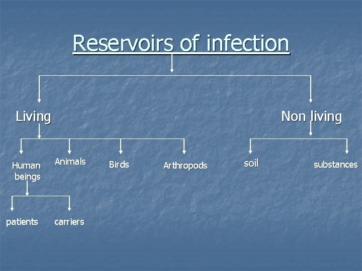 Reservoirs of infection Living Human beings patients Non living Animals carriers Birds Arthropods soil