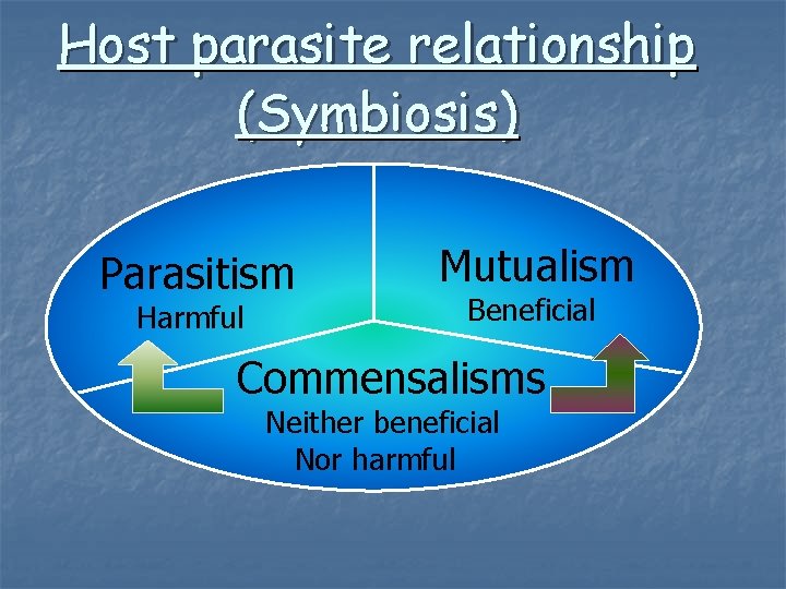 Host parasite relationship (Symbiosis) Parasitism Harmful Mutualism Beneficial Commensalisms Neither beneficial Nor harmful 