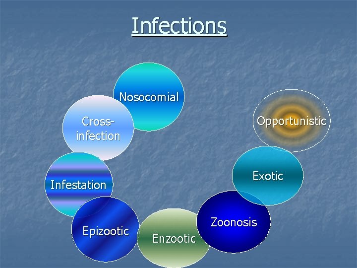 Infections Nosocomial Opportunistic Crossinfection Exotic Infestation Epizootic Zoonosis Enzootic 