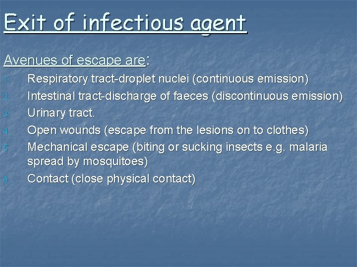 Exit of infectious agent Avenues of escape are: 1. 2. 3. 4. 5. 6.