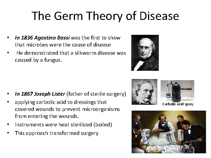 The Germ Theory of Disease • In 1836 Agostino Bassi was the first to
