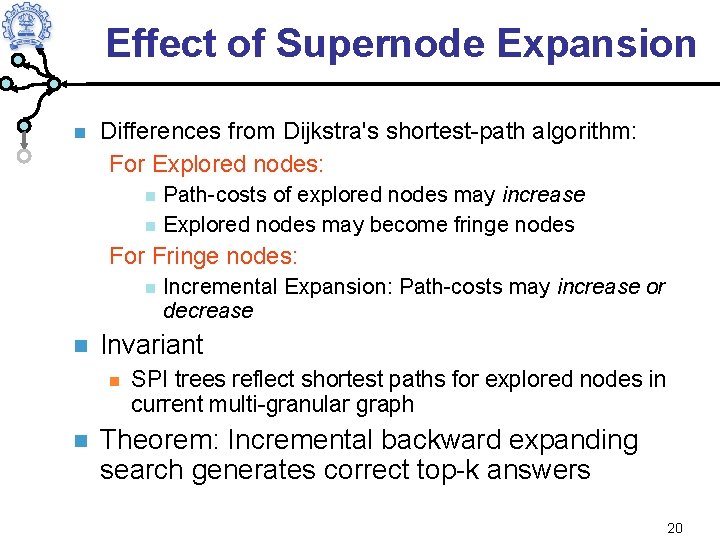 Effect of Supernode Expansion Differences from Dijkstra's shortest-path algorithm: For Explored nodes: Path-costs of