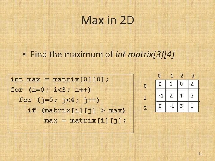 Max in 2 D • Find the maximum of int matrix[3][4] int max =