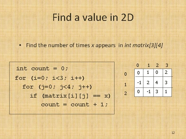 Find a value in 2 D • Find the number of times x appears