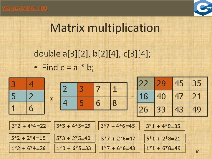 VKS-LEARNING HUB Matrix multiplication double a[3][2], b[2][4], c[3][4]; • Find c = a *