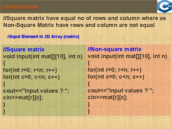 VKS-LEARNING HUB //Square matrix have equal no of rows and column where as Non-Square