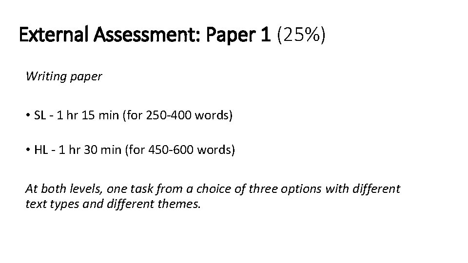 External Assessment: Paper 1 (25%) Writing paper • SL - 1 hr 15 min