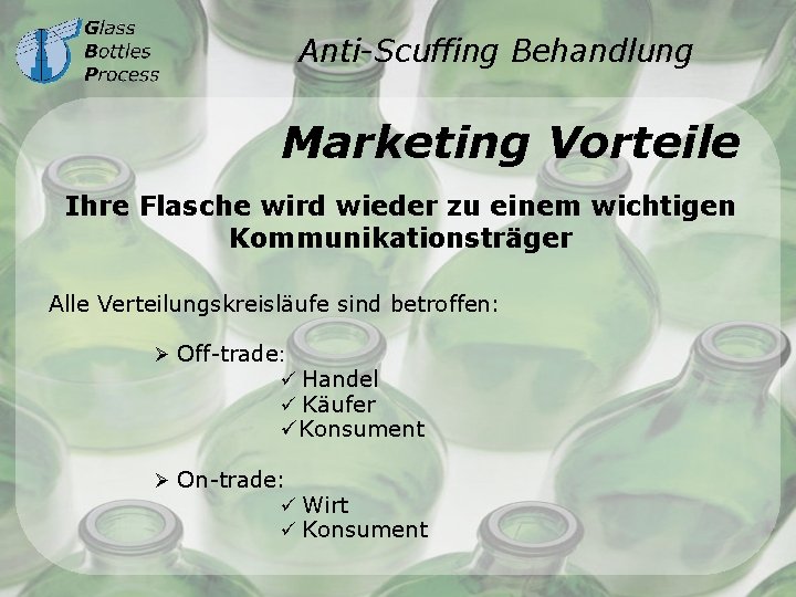 Anti-Scuffing Behandlung Marketing Vorteile Ihre Flasche wird wieder zu einem wichtigen Kommunikationsträger Alle Verteilungskreisläufe