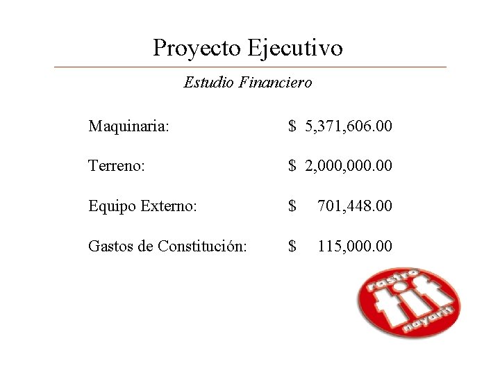 Proyecto Ejecutivo Estudio Financiero Maquinaria: $ 5, 371, 606. 00 Terreno: $ 2, 000.