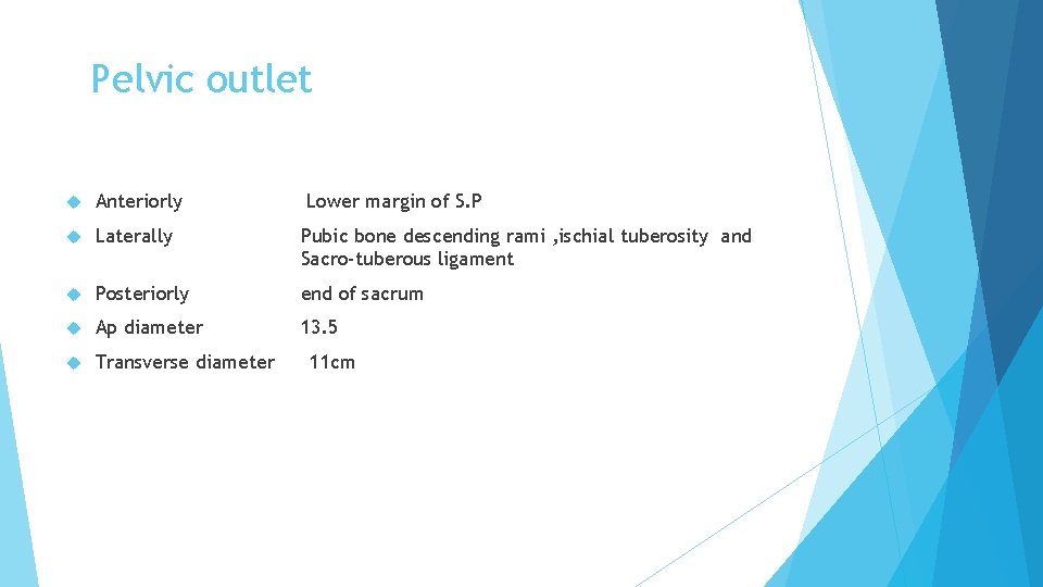 Pelvic outlet Anteriorly Lower margin of S. P Laterally Pubic bone descending rami ,